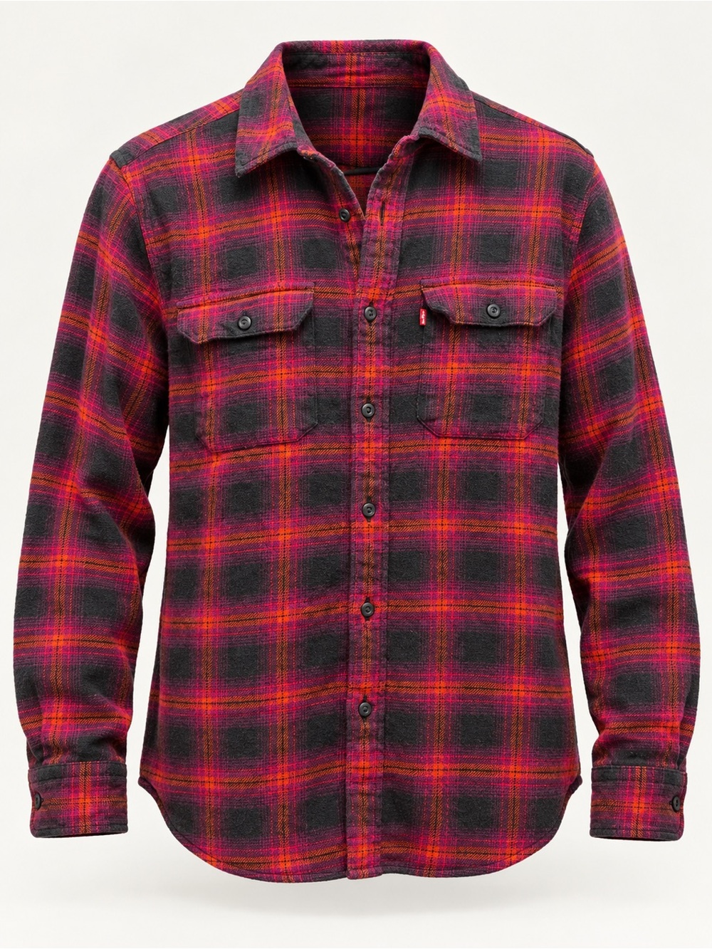 Men's Red Orange Purple and Charcoal Plaid Button-Down Shirt